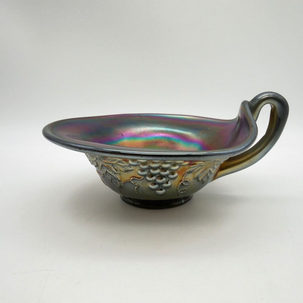 Fenton Heavy Grape Carnival Glass Nappy Bowl Iridescent Amethyst Handled Dish